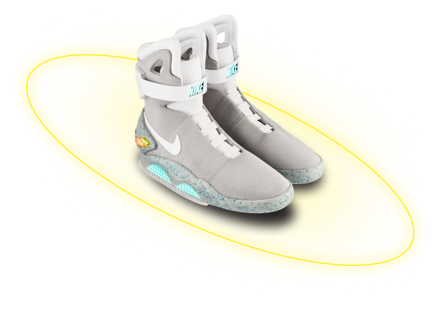 кроссовки nike air-mag стоят в желтом кругу